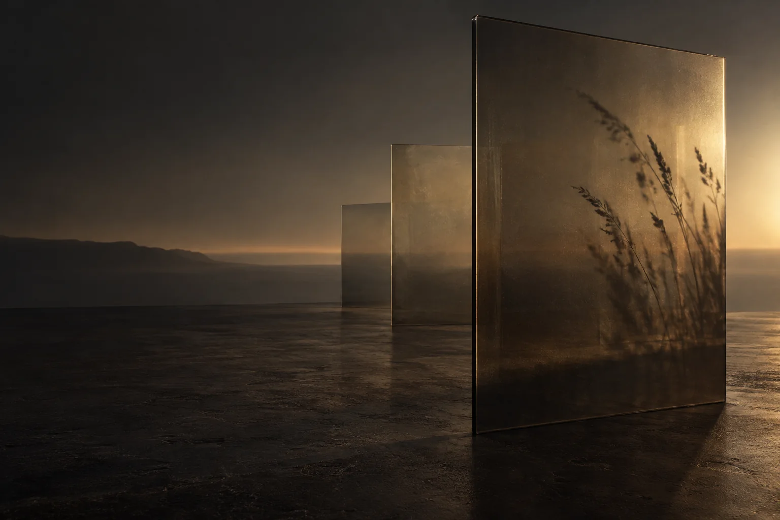 A wider view of the glass installation at dusk